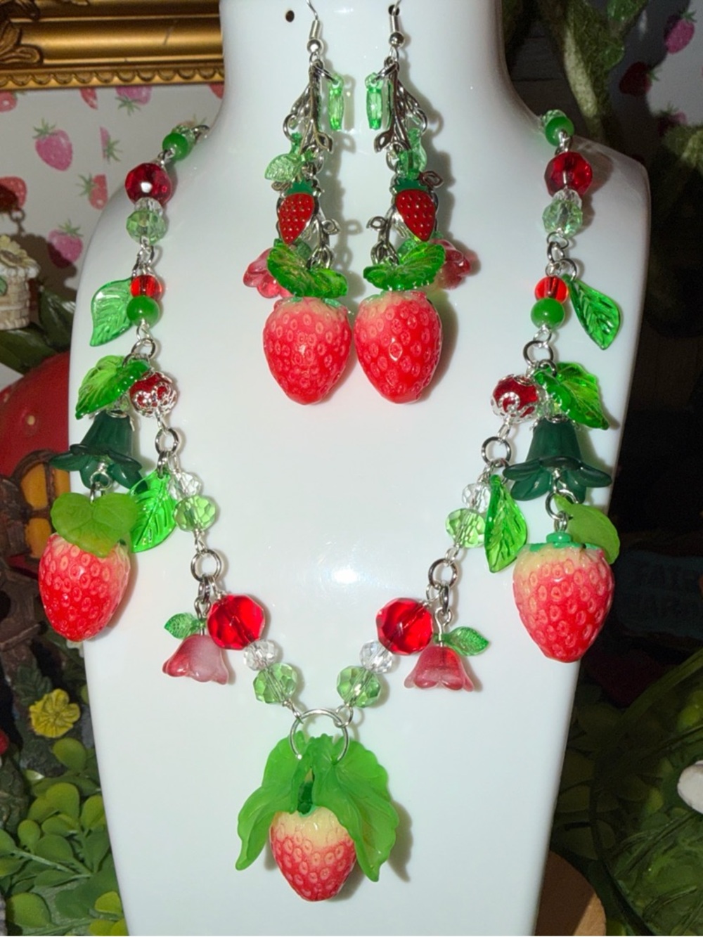 Handmade Whimsical Strawberry Pendant Necklace and Earrings Set - Red and Green